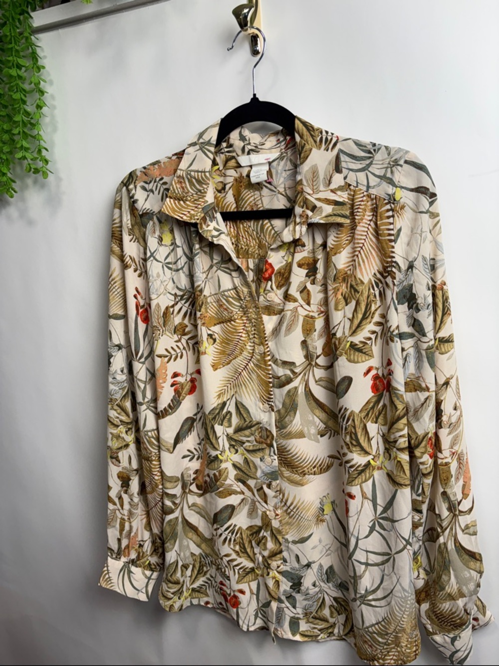 H&M Cream Top with Olive and Brown Botanical Print